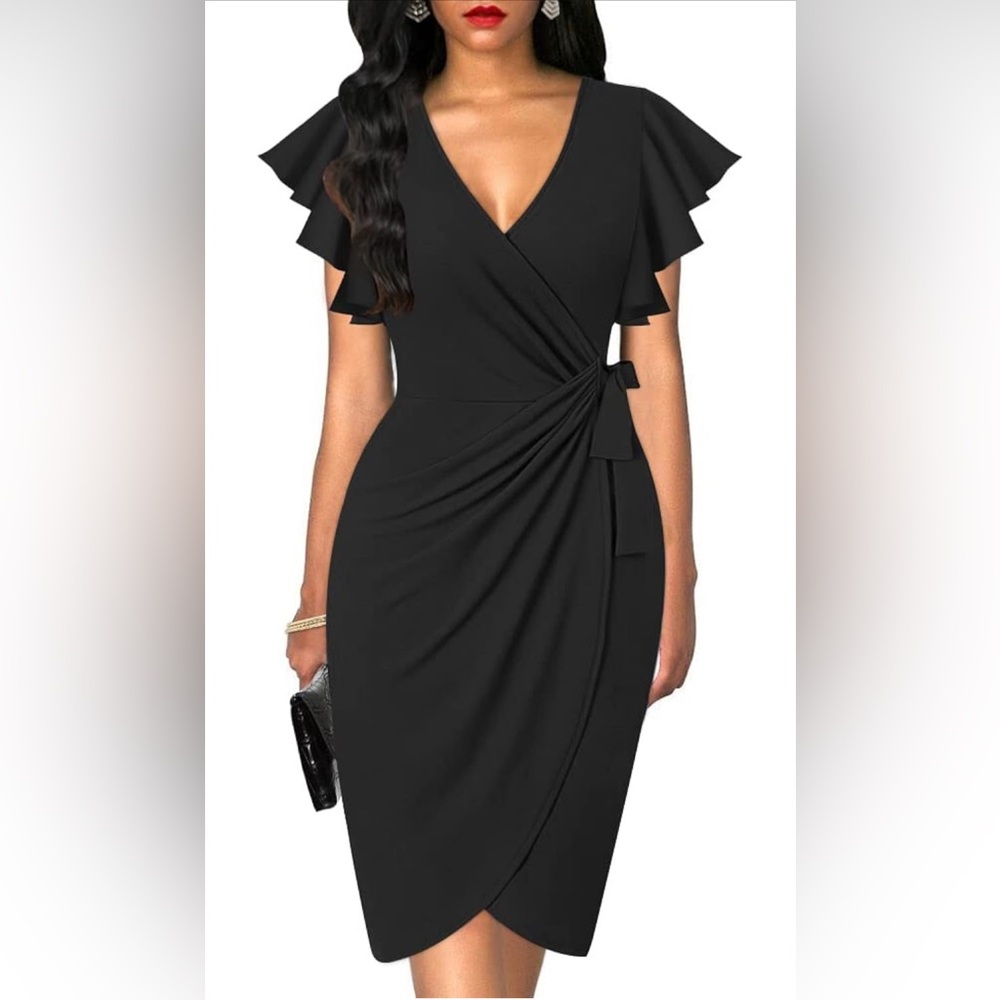 oten Deep V Neck Ruffle Sleeve Sheath Casual Cocktail Party Work Faux Wrap Dress